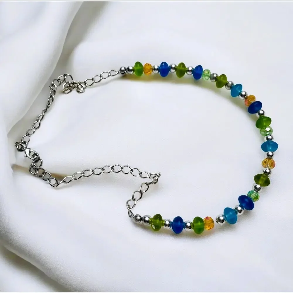Frosted Sea Glass, Iridescent Crystal, Silver Ball Beaded Loop Link Necklace